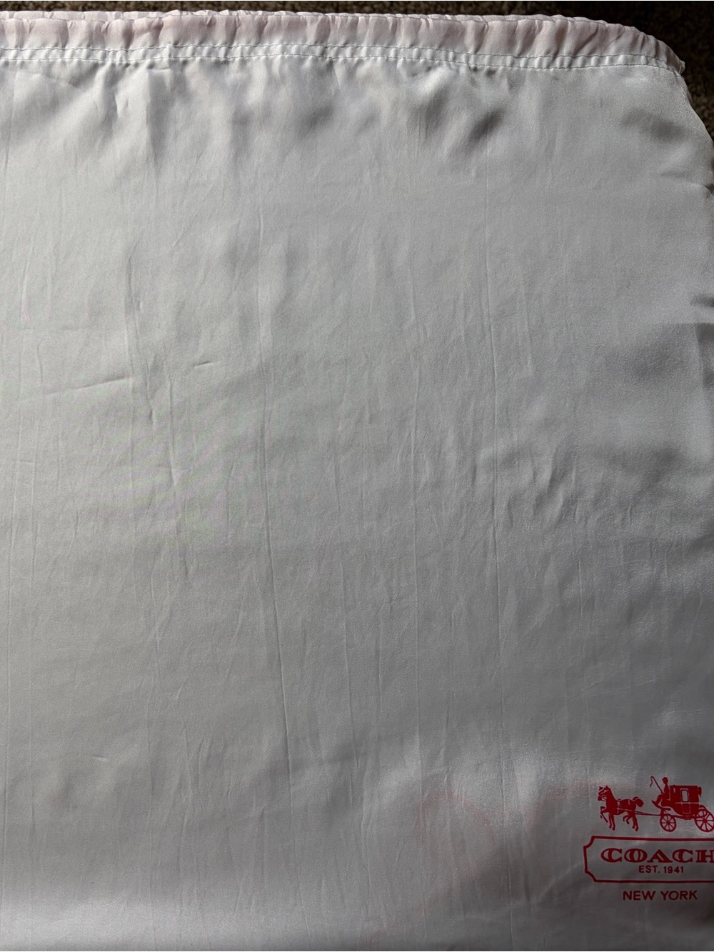 Coach White Satin Dust Bag Drawstring with Red Coach Carriage Logo